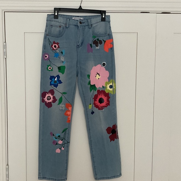 MISSLOOK  Women’s Small Blue Floral Mom Baggy Distressed Hobo Jeans - Picture 1 of 3